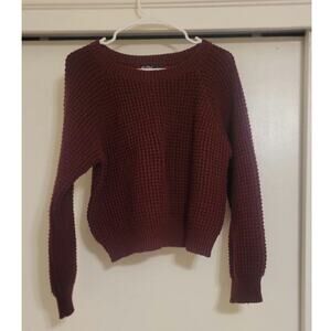 Aster Womens Large Burgundy Waffle Knit Cropped Sweater Pullover Long Sleeve